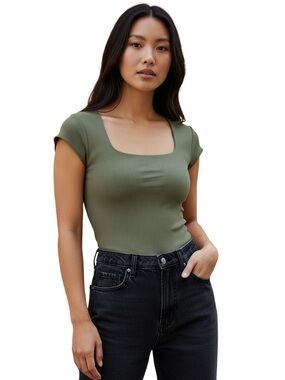 And Now This Square-Neck Cap-Sleeve Thong Bodysuit, Soft Stretchy, Green, Sz XXL